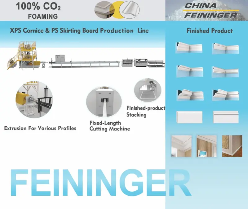 Feininger XPS cornice & PS skirting board production line and finished decorative products for Canton Fair.webp
